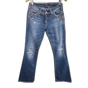 Silver Bootcut Jeans Size 29 Suki Flap Beaded Gem Embellished Pocket Medium Wash